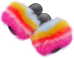 Girls Summer Colorful Faux Fur Slippers Indoor Outdoor Slides Furry Sandals Shoes