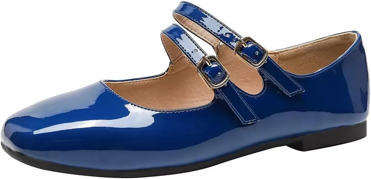 Hee grand Mary Jane Flats for Women Patent Leather Dress Shoes Square Toe Adjustable Buckle Strap Ballet Flats