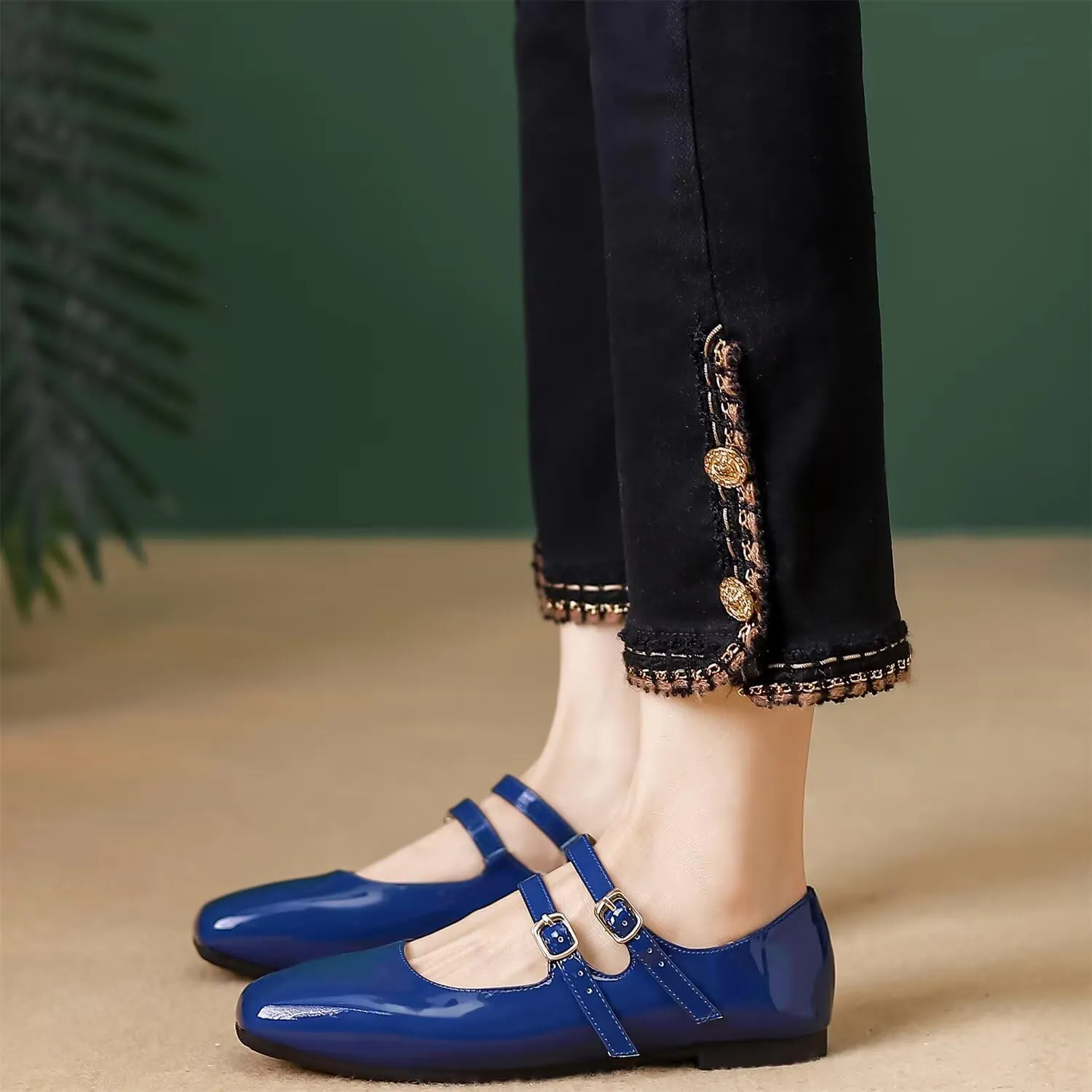 Hee grand Mary Jane Flats for Women Patent Leather Dress Shoes Square Toe Adjustable Buckle Strap Ballet Flats