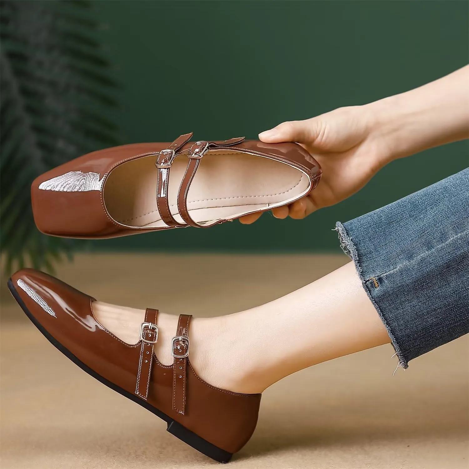 Hee grand Mary Jane Flats for Women Patent Leather Dress Shoes Square Toe Adjustable Buckle Strap Ballet Flats