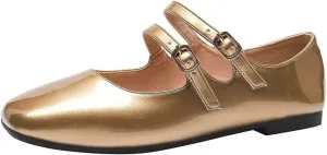 Hee grand Mary Jane Flats for Women Patent Leather Dress Shoes Square Toe Adjustable Buckle Strap Ballet Flats