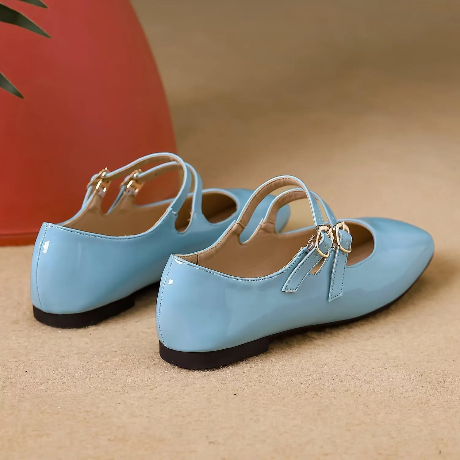 Hee grand Mary Jane Flats for Women Patent Leather Dress Shoes Square Toe Adjustable Buckle Strap Ballet Flats