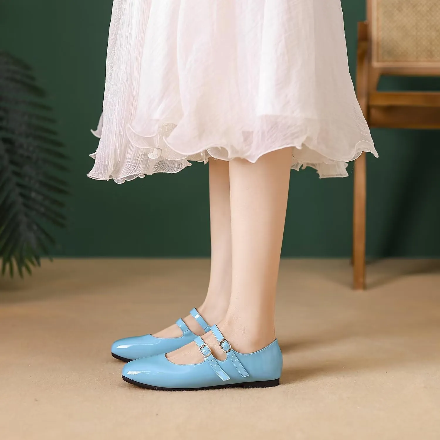 Hee grand Mary Jane Flats for Women Patent Leather Dress Shoes Square Toe Adjustable Buckle Strap Ballet Flats