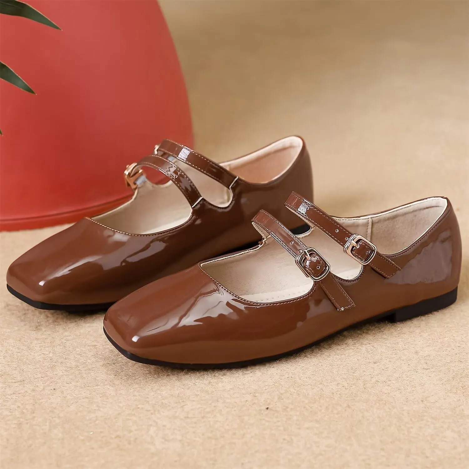Hee grand Mary Jane Flats for Women Patent Leather Dress Shoes Square Toe Adjustable Buckle Strap Ballet Flats