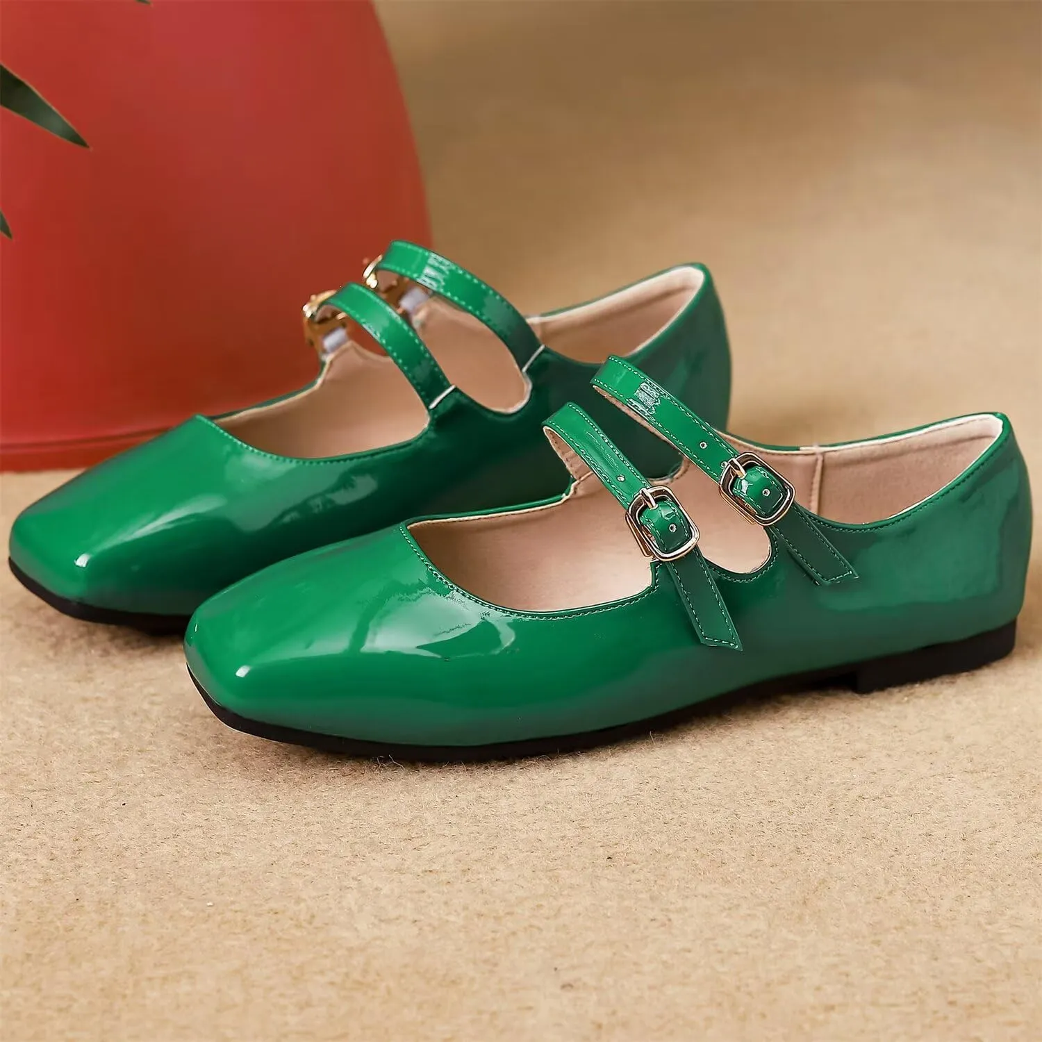 Hee grand Mary Jane Flats for Women Patent Leather Dress Shoes Square Toe Adjustable Buckle Strap Ballet Flats