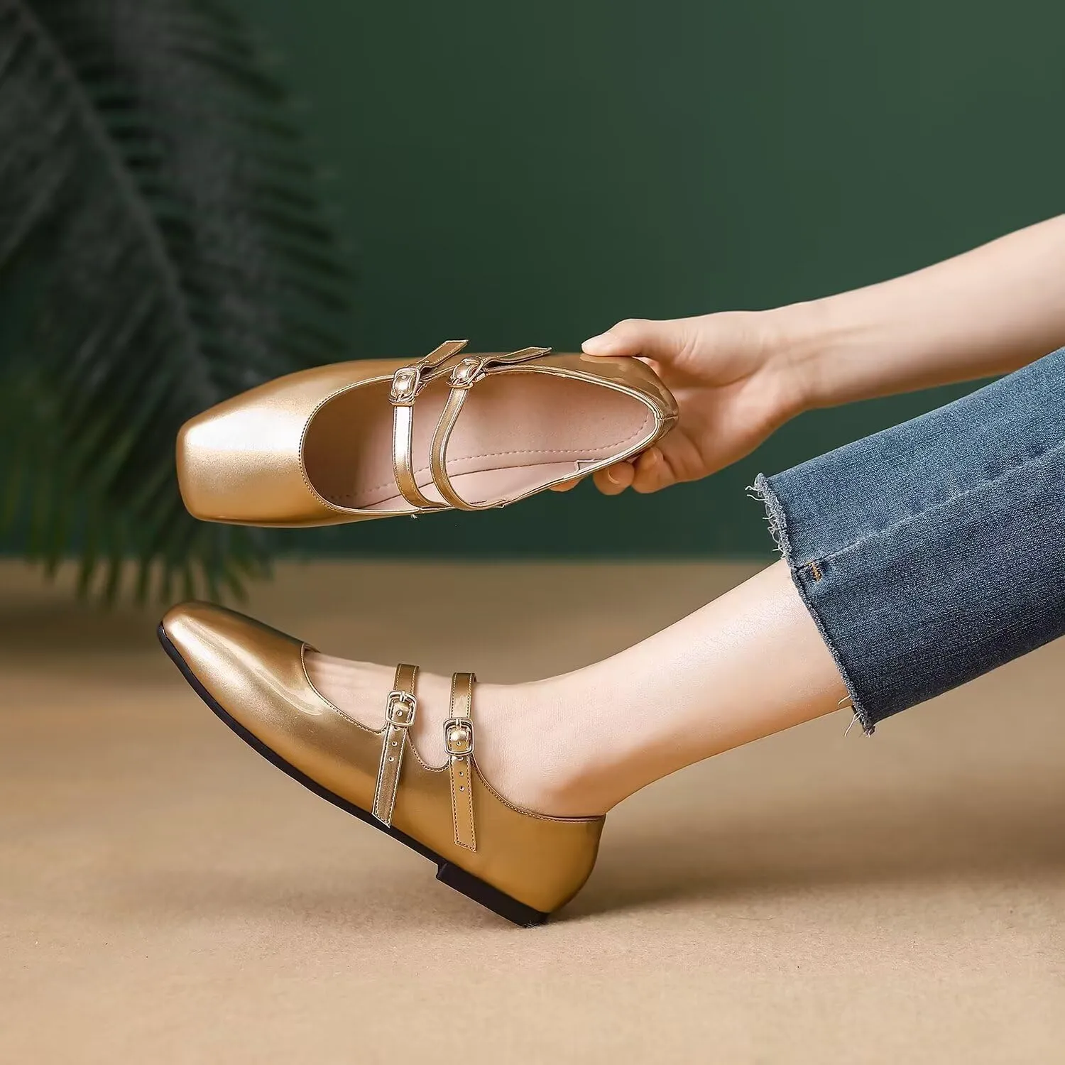 Hee grand Mary Jane Flats for Women Patent Leather Dress Shoes Square Toe Adjustable Buckle Strap Ballet Flats