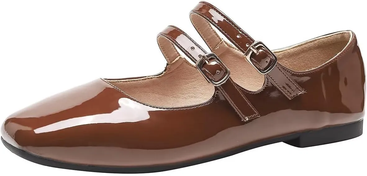 Hee grand Mary Jane Flats for Women Patent Leather Dress Shoes Square Toe Adjustable Buckle Strap Ballet Flats