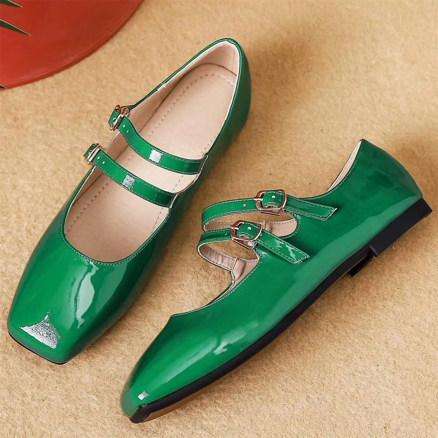 Hee grand Mary Jane Flats for Women Patent Leather Dress Shoes Square Toe Adjustable Buckle Strap Ballet Flats