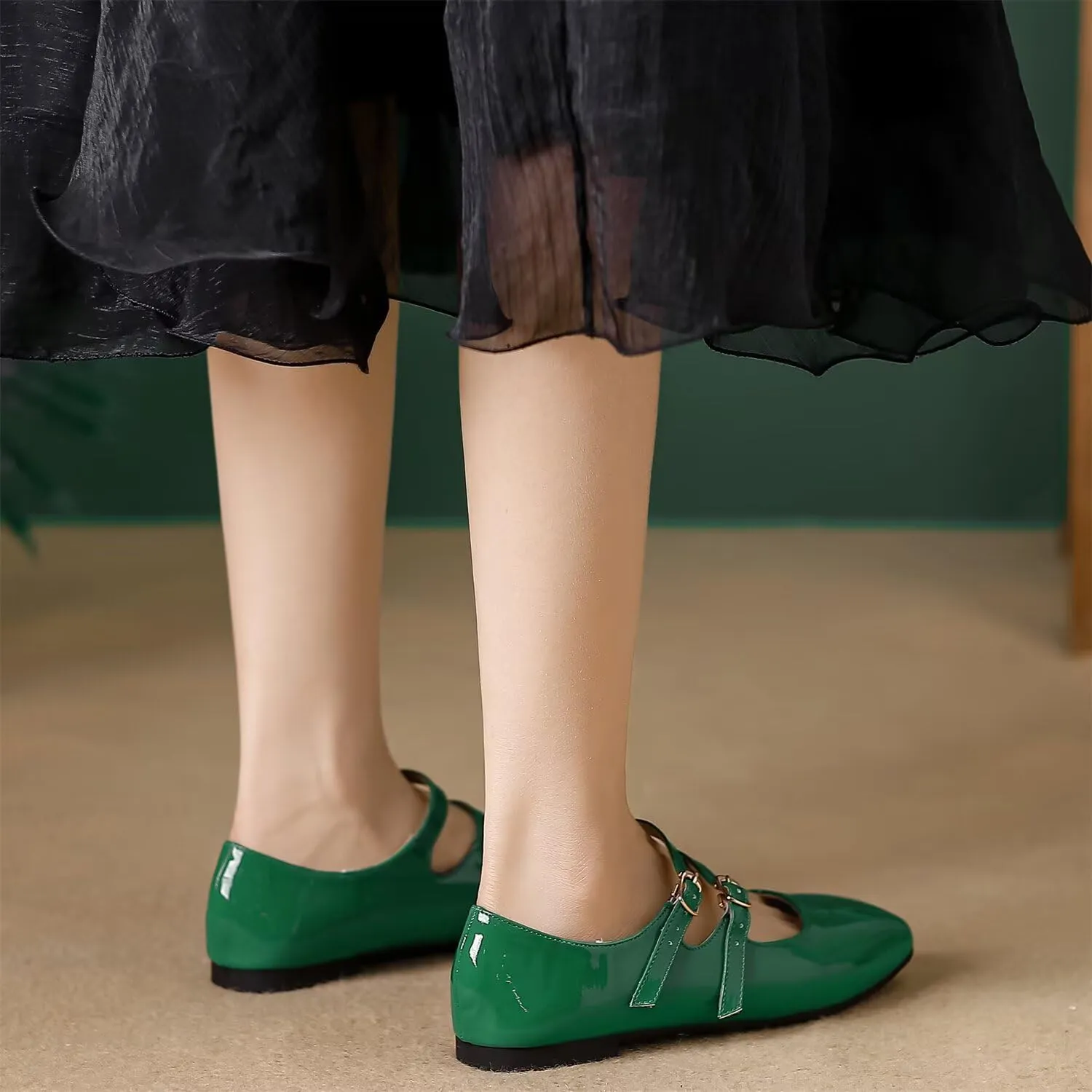 Hee grand Mary Jane Flats for Women Patent Leather Dress Shoes Square Toe Adjustable Buckle Strap Ballet Flats