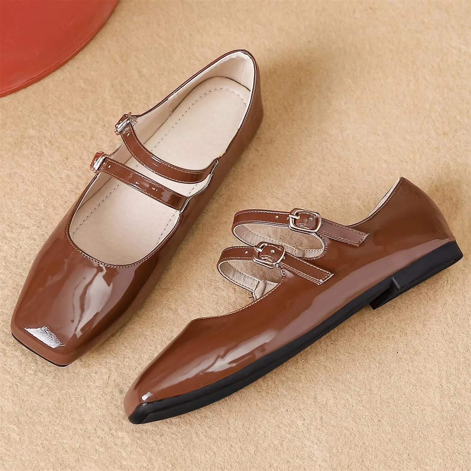Hee grand Mary Jane Flats for Women Patent Leather Dress Shoes Square Toe Adjustable Buckle Strap Ballet Flats