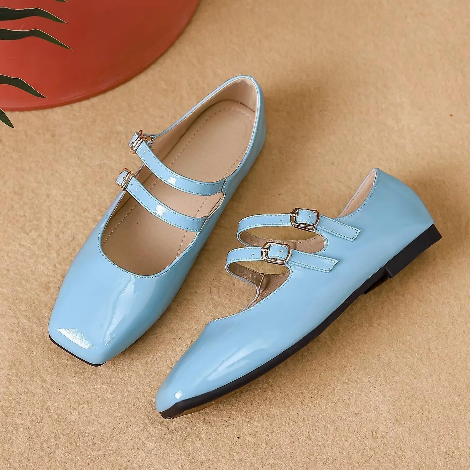 Hee grand Mary Jane Flats for Women Patent Leather Dress Shoes Square Toe Adjustable Buckle Strap Ballet Flats