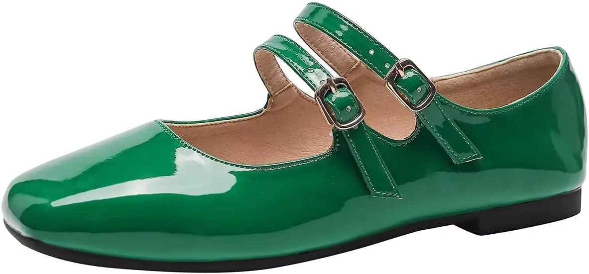 Hee grand Mary Jane Flats for Women Patent Leather Dress Shoes Square Toe Adjustable Buckle Strap Ballet Flats