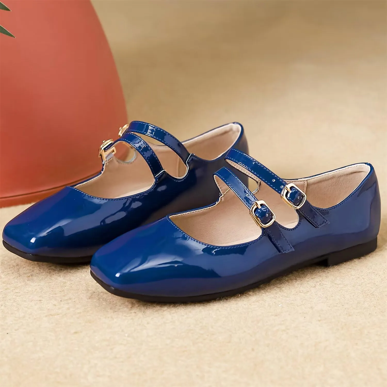 Hee grand Mary Jane Flats for Women Patent Leather Dress Shoes Square Toe Adjustable Buckle Strap Ballet Flats