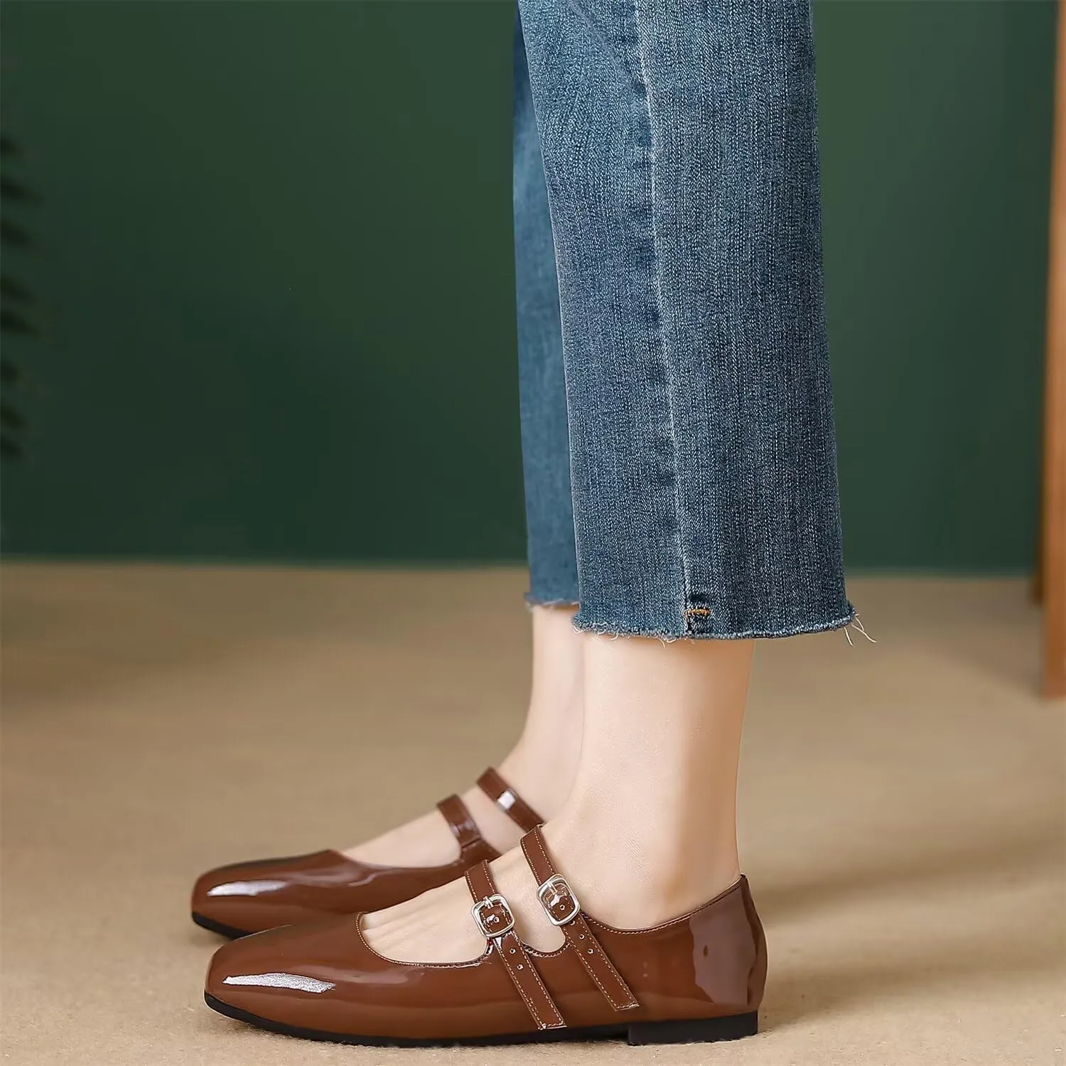 Hee grand Mary Jane Flats for Women Patent Leather Dress Shoes Square Toe Adjustable Buckle Strap Ballet Flats