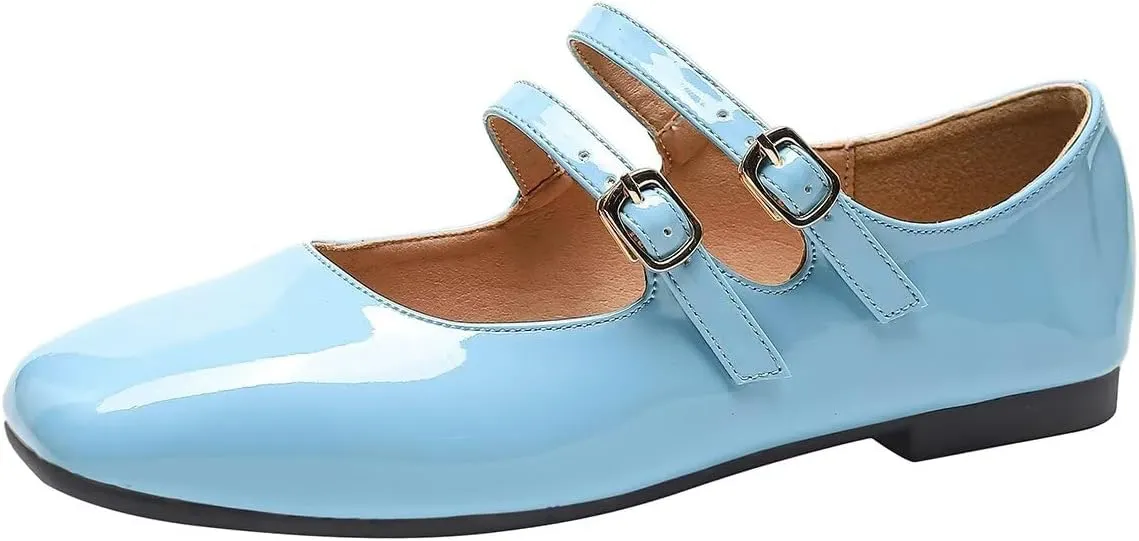 Hee grand Mary Jane Flats for Women Patent Leather Dress Shoes Square Toe Adjustable Buckle Strap Ballet Flats