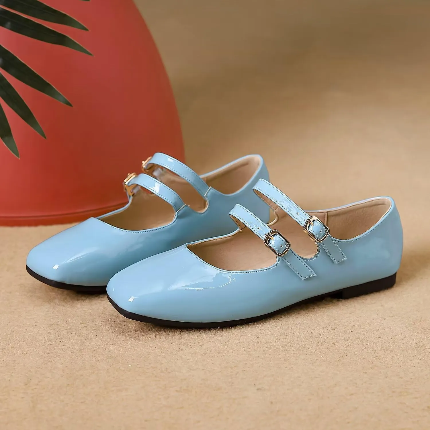 Hee grand Mary Jane Flats for Women Patent Leather Dress Shoes Square Toe Adjustable Buckle Strap Ballet Flats