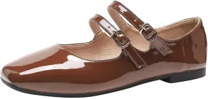 Hee grand Mary Jane Flats for Women Patent Leather Dress Shoes Square Toe Adjustable Buckle Strap Ballet Flats
