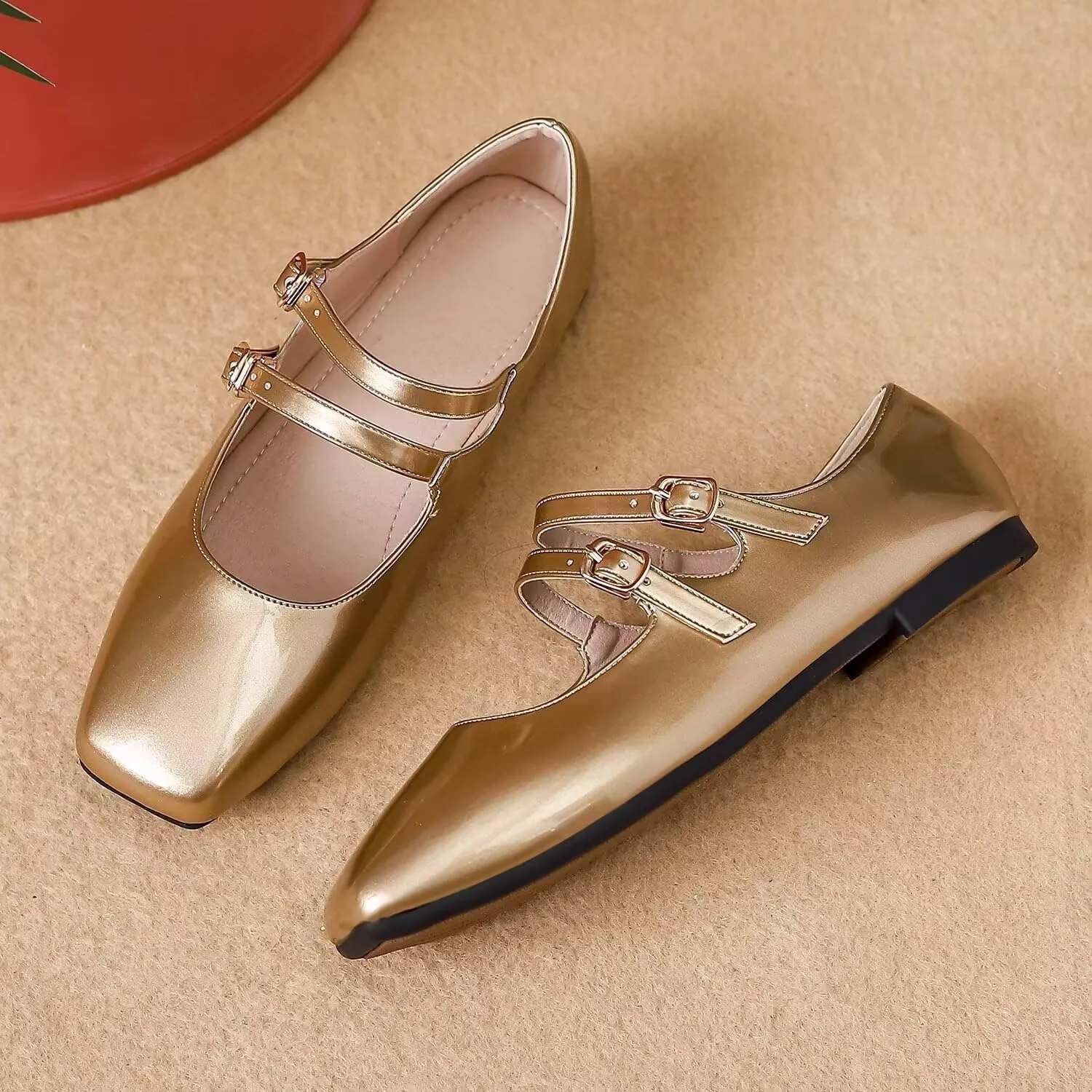 Hee grand Mary Jane Flats for Women Patent Leather Dress Shoes Square Toe Adjustable Buckle Strap Ballet Flats