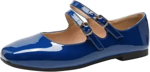 Hee grand Mary Jane Flats for Women Patent Leather Dress Shoes Square Toe Adjustable Buckle Strap Ballet Flats