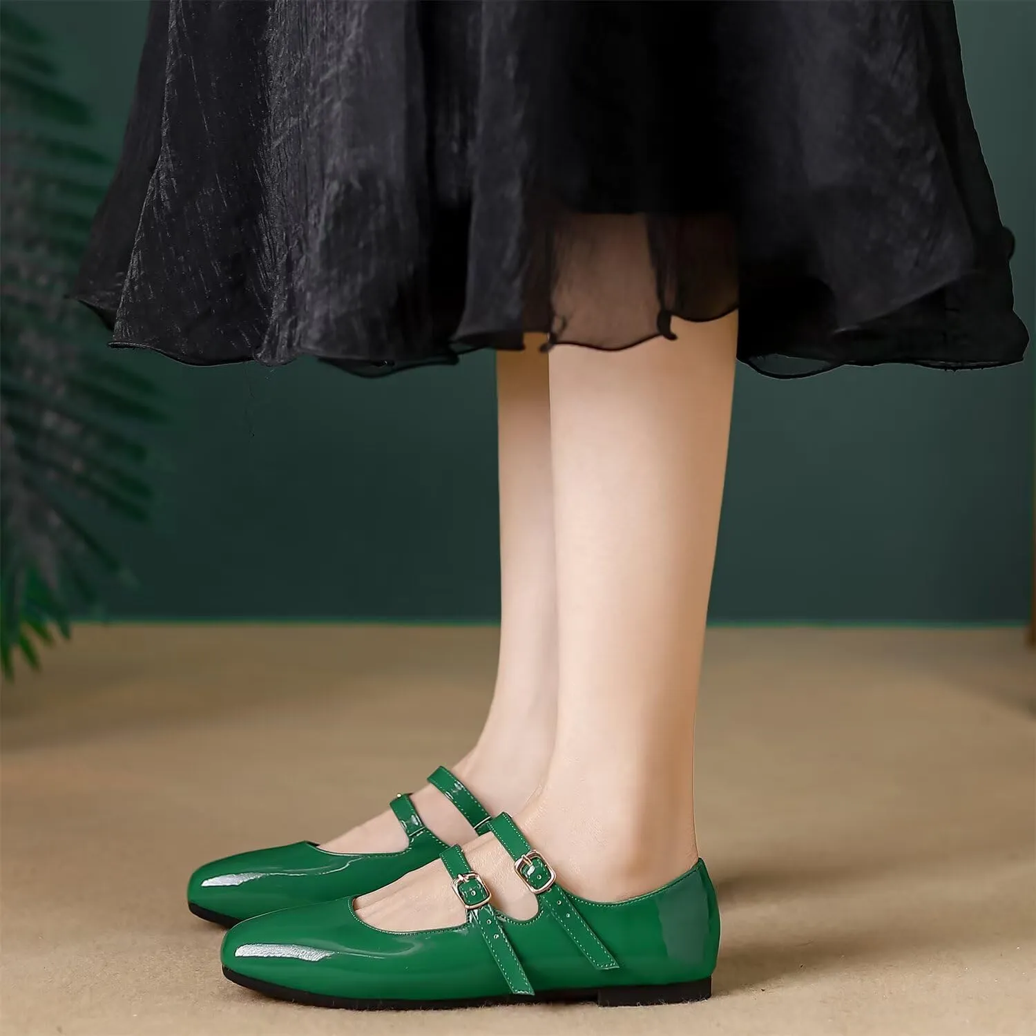 Hee grand Mary Jane Flats for Women Patent Leather Dress Shoes Square Toe Adjustable Buckle Strap Ballet Flats