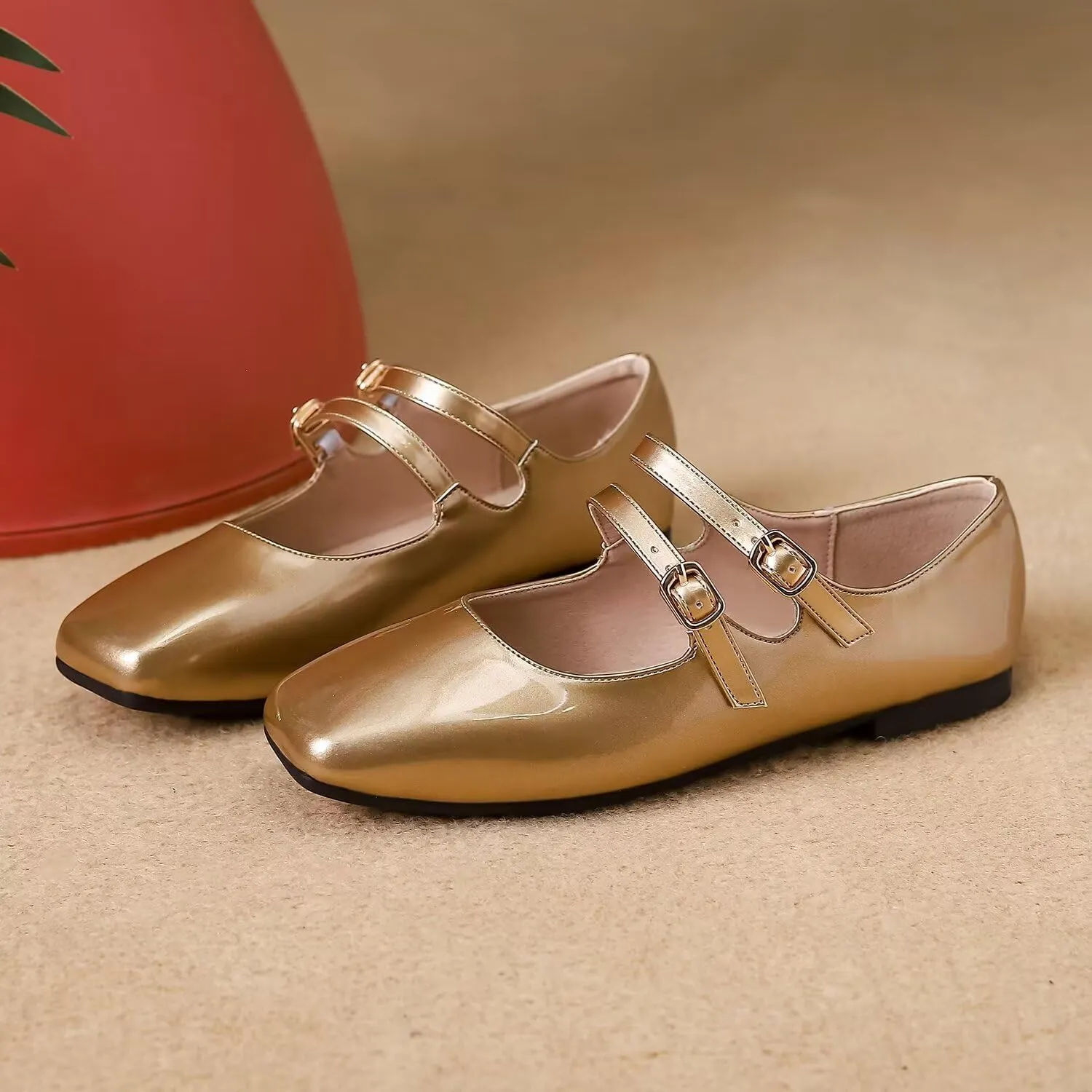 Hee grand Mary Jane Flats for Women Patent Leather Dress Shoes Square Toe Adjustable Buckle Strap Ballet Flats