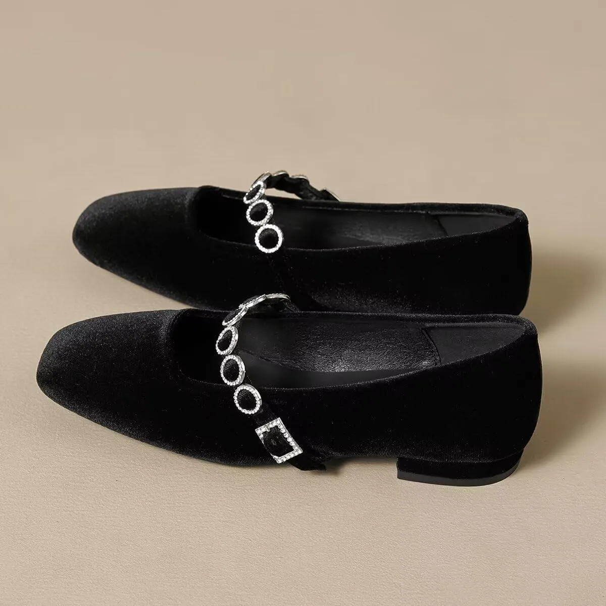 Hee grand Retro Velvet Mary Jane Shoes for Women Comfortable Square Toe Rhinestone Buckle Strap Low Heel Dress Shoes