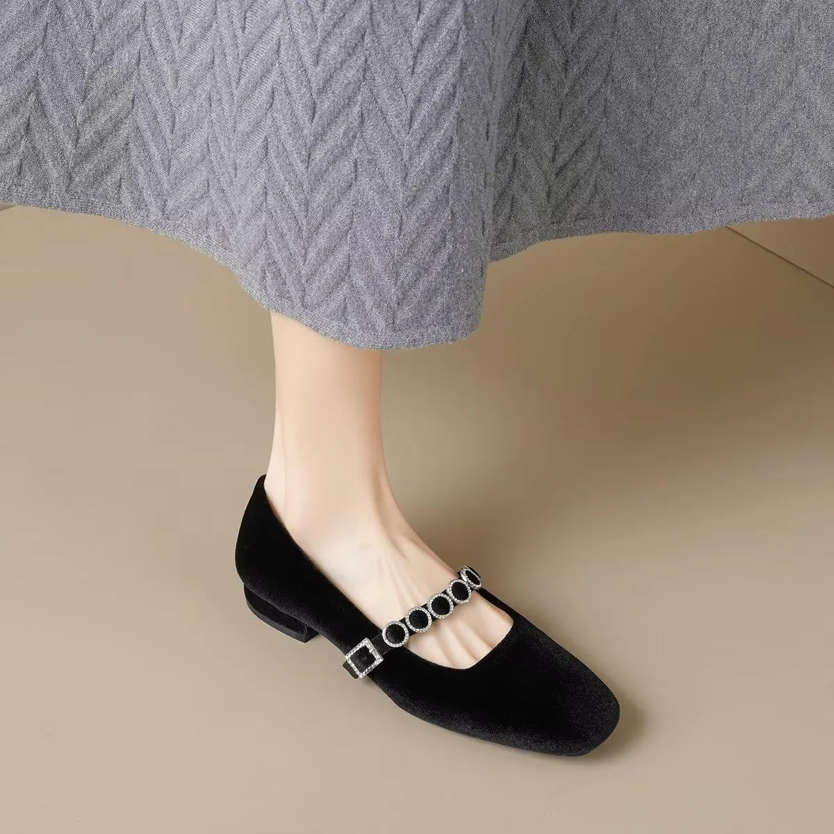 Hee grand Retro Velvet Mary Jane Shoes for Women Comfortable Square Toe Rhinestone Buckle Strap Low Heel Dress Shoes