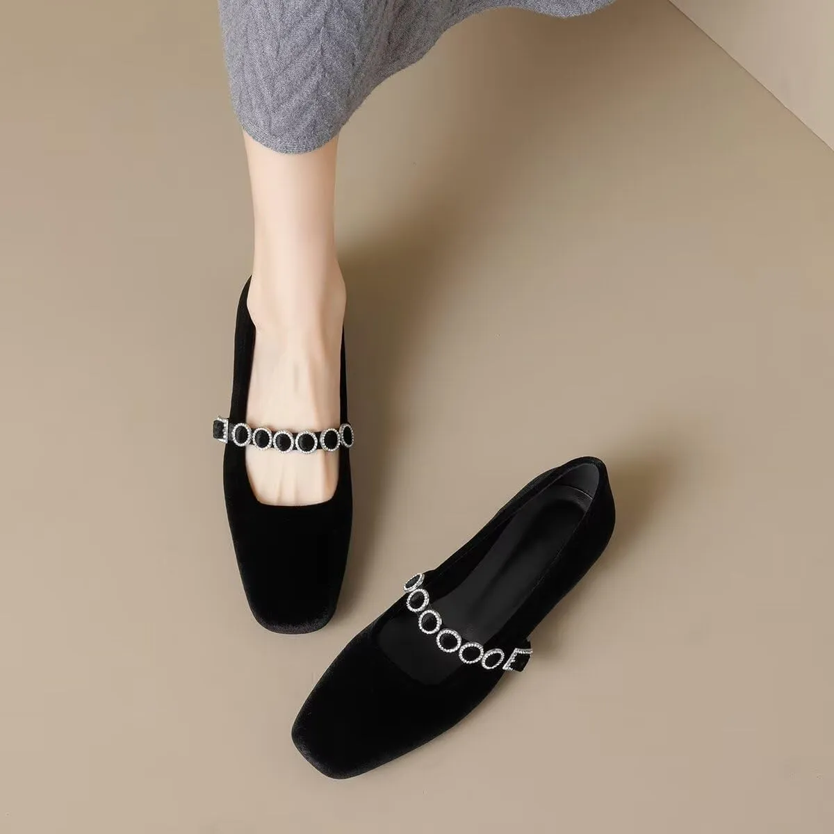 Hee grand Retro Velvet Mary Jane Shoes for Women Comfortable Square Toe Rhinestone Buckle Strap Low Heel Dress Shoes