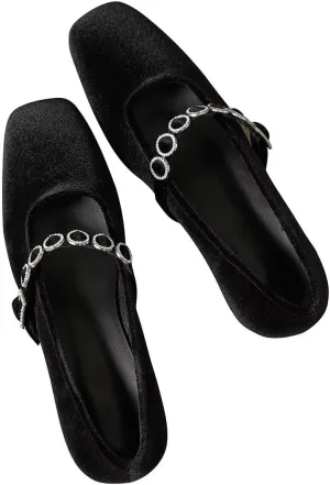 Hee grand Retro Velvet Mary Jane Shoes for Women Comfortable Square Toe Rhinestone Buckle Strap Low Heel Dress Shoes