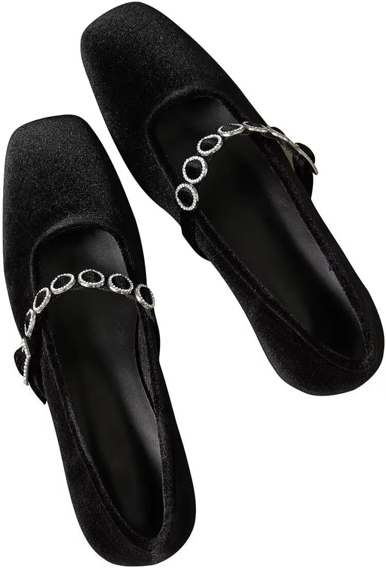 Hee grand Retro Velvet Mary Jane Shoes for Women Comfortable Square Toe Rhinestone Buckle Strap Low Heel Dress Shoes