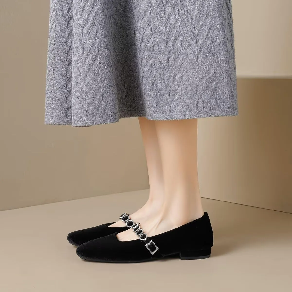 Hee grand Retro Velvet Mary Jane Shoes for Women Comfortable Square Toe Rhinestone Buckle Strap Low Heel Dress Shoes