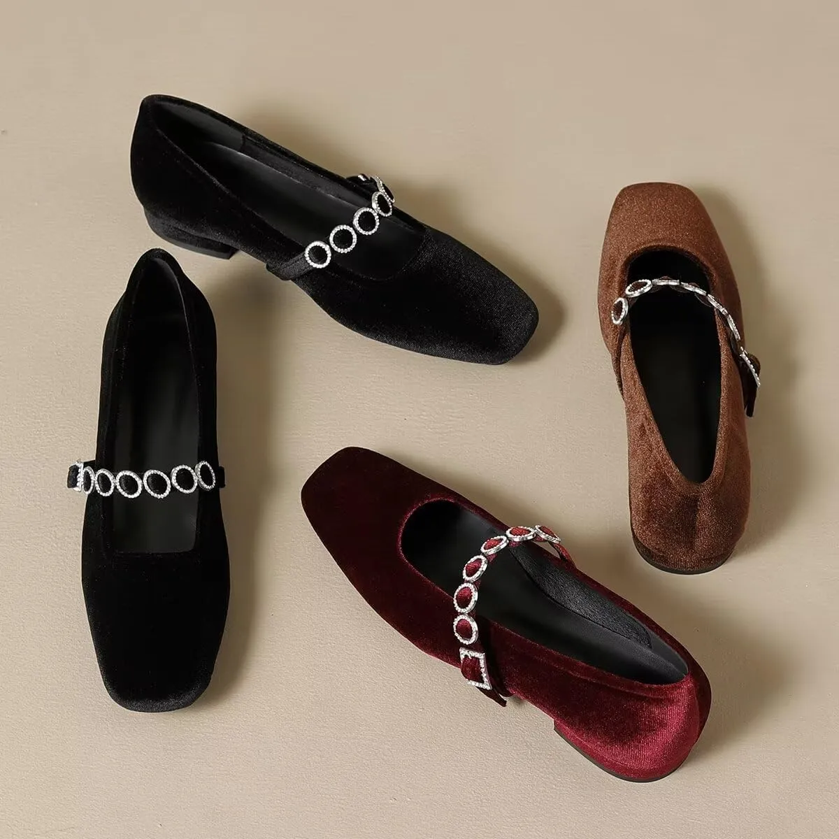 Hee grand Retro Velvet Mary Jane Shoes for Women Comfortable Square Toe Rhinestone Buckle Strap Low Heel Dress Shoes