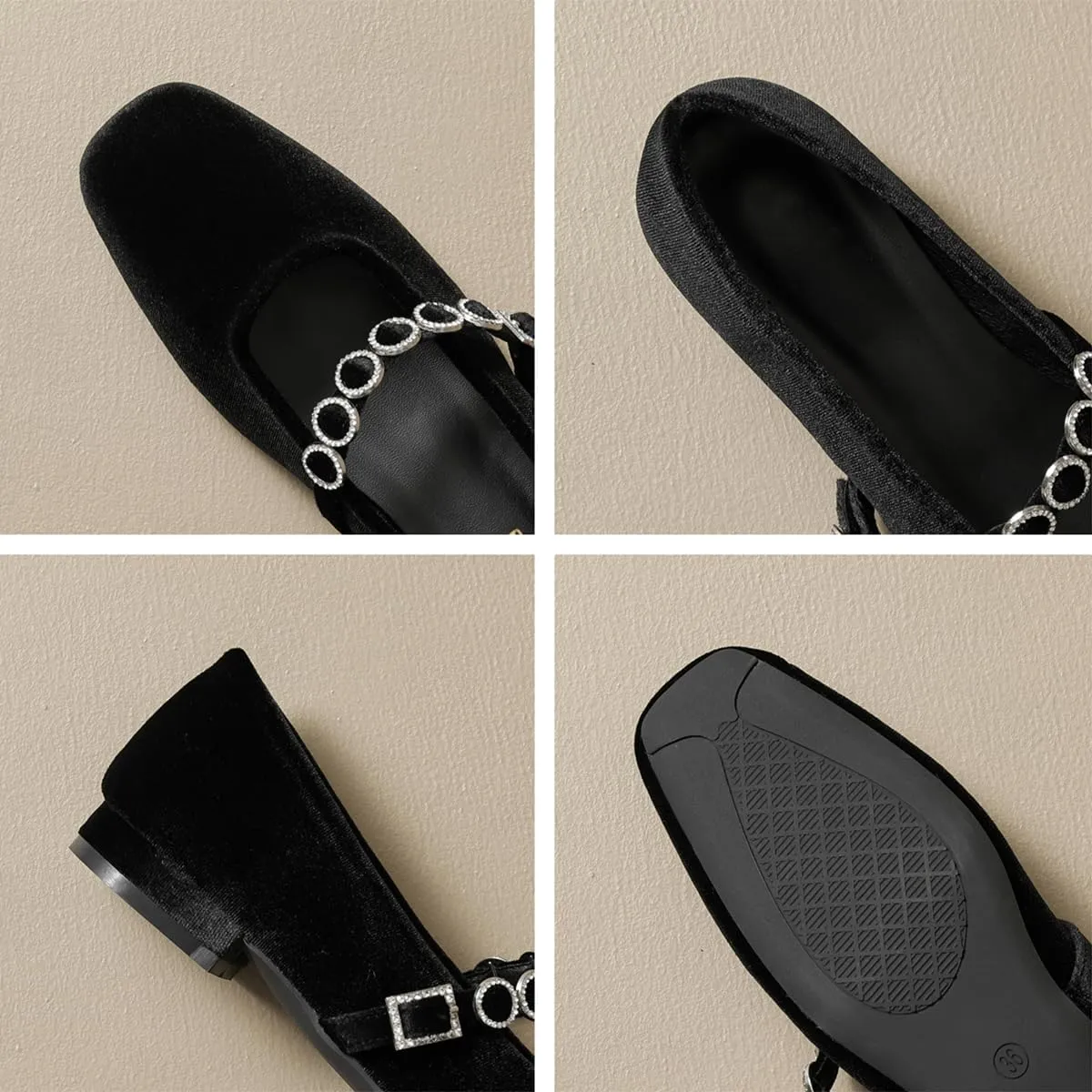 Hee grand Retro Velvet Mary Jane Shoes for Women Comfortable Square Toe Rhinestone Buckle Strap Low Heel Dress Shoes