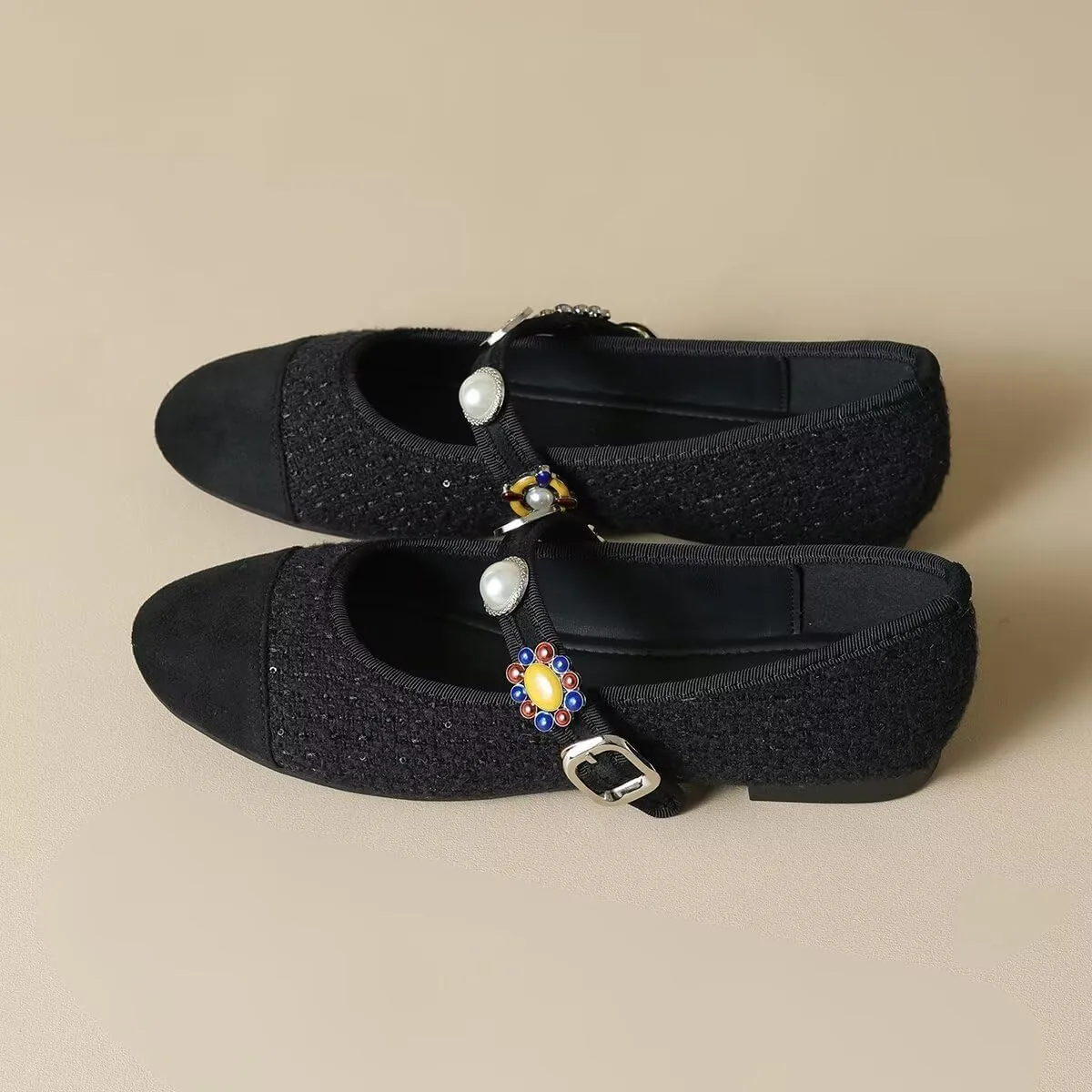Hee grand Rhinestone Buckle Strap Low Heel Dress Shoes for Women Comfortable Cute Round Toe Mary Jane Shoes