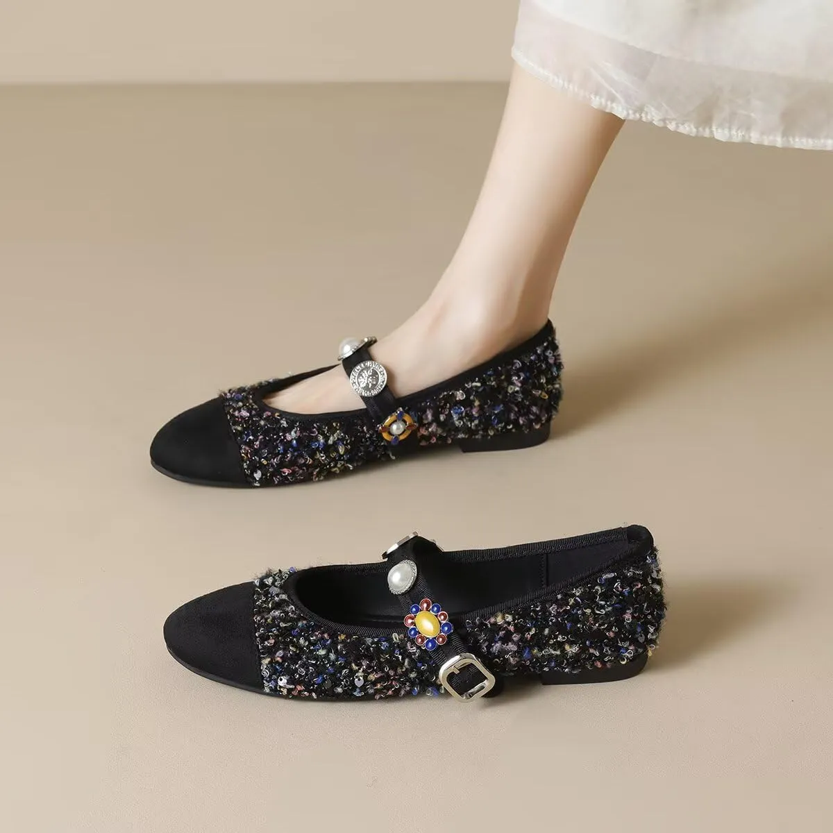 Hee grand Rhinestone Buckle Strap Low Heel Dress Shoes for Women Comfortable Cute Round Toe Mary Jane Shoes