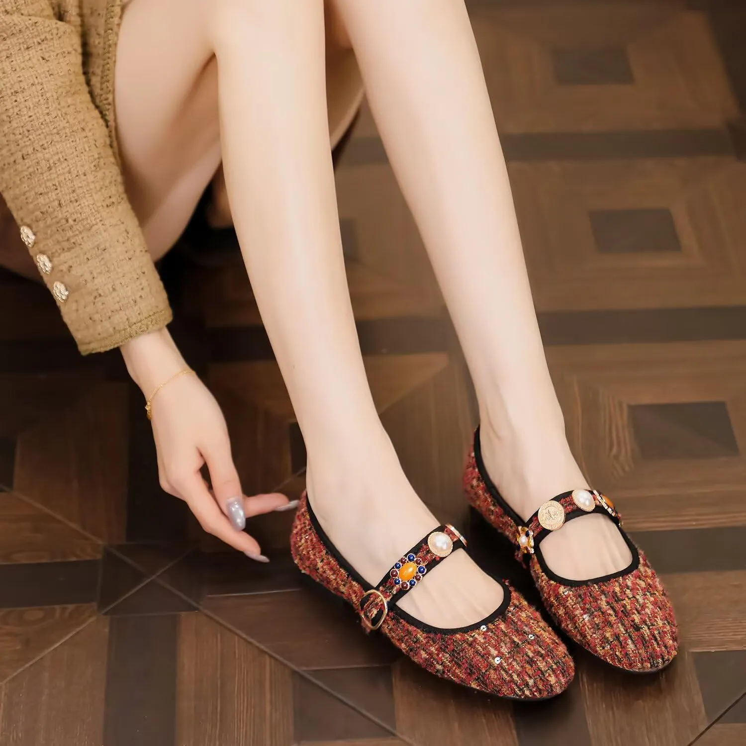 Hee grand Rhinestone Buckle Strap Low Heel Dress Shoes for Women Comfortable Cute Round Toe Mary Jane Shoes