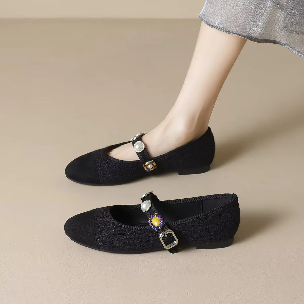 Hee grand Rhinestone Buckle Strap Low Heel Dress Shoes for Women Comfortable Cute Round Toe Mary Jane Shoes