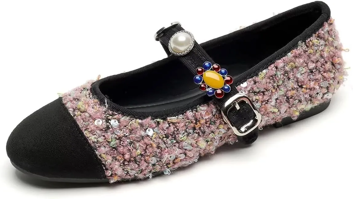 Hee grand Rhinestone Buckle Strap Low Heel Dress Shoes for Women Comfortable Cute Round Toe Mary Jane Shoes