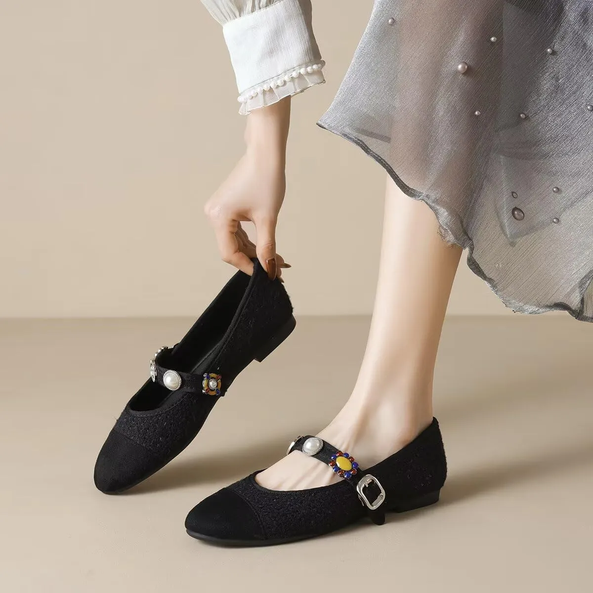 Hee grand Rhinestone Buckle Strap Low Heel Dress Shoes for Women Comfortable Cute Round Toe Mary Jane Shoes