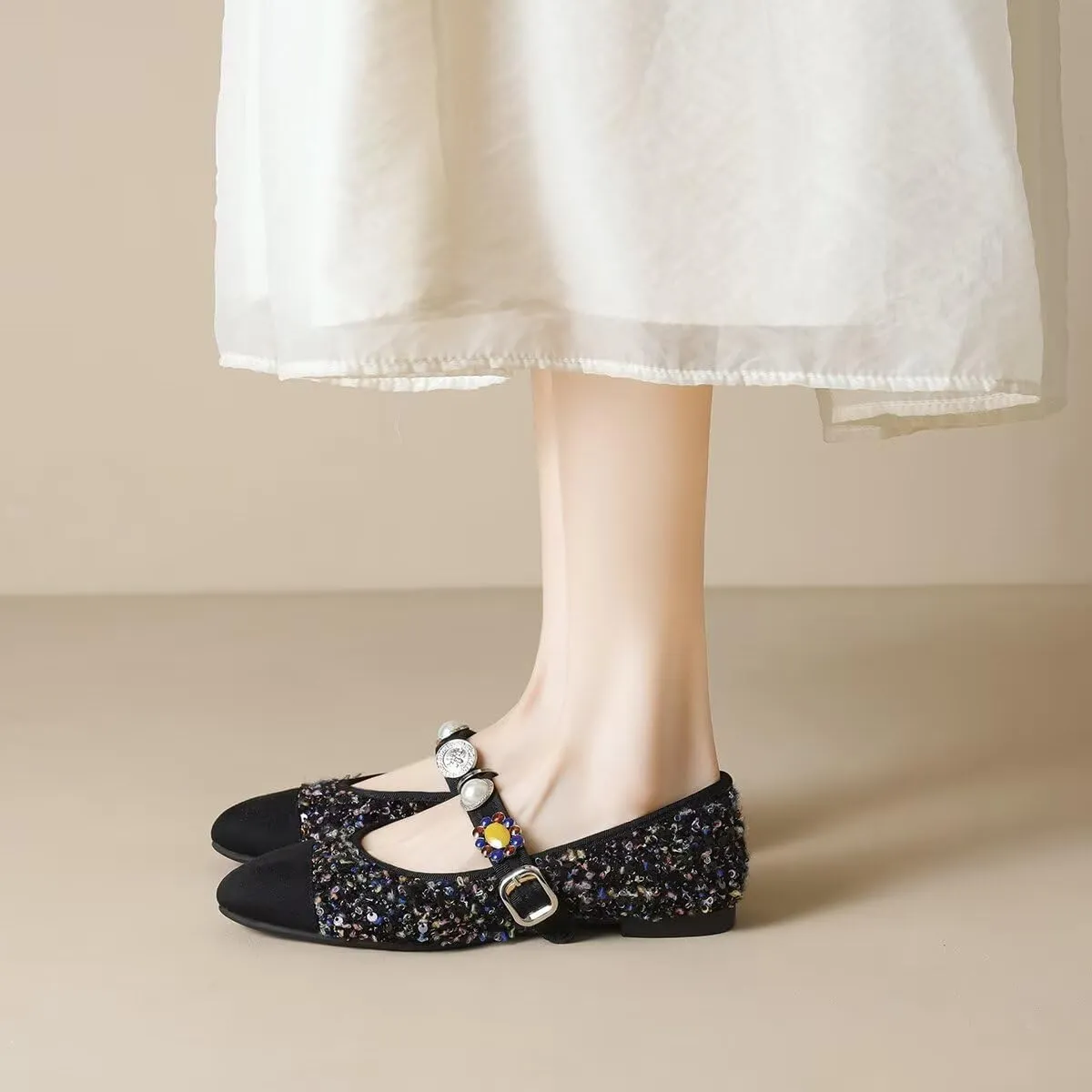 Hee grand Rhinestone Buckle Strap Low Heel Dress Shoes for Women Comfortable Cute Round Toe Mary Jane Shoes