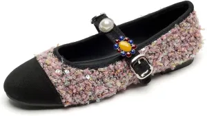 Hee grand Rhinestone Buckle Strap Low Heel Dress Shoes for Women Comfortable Cute Round Toe Mary Jane Shoes
