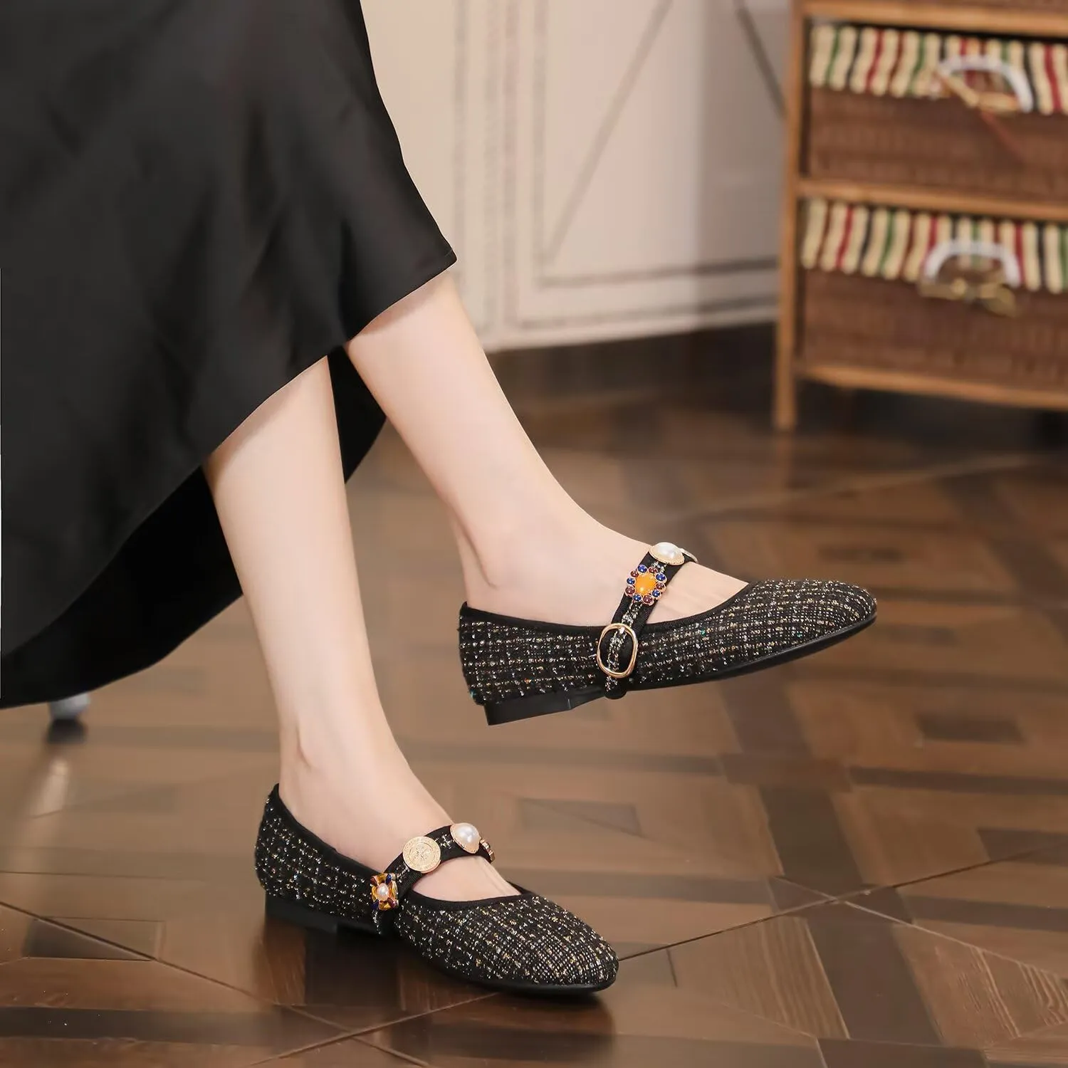 Hee grand Rhinestone Buckle Strap Low Heel Dress Shoes for Women Comfortable Cute Round Toe Mary Jane Shoes