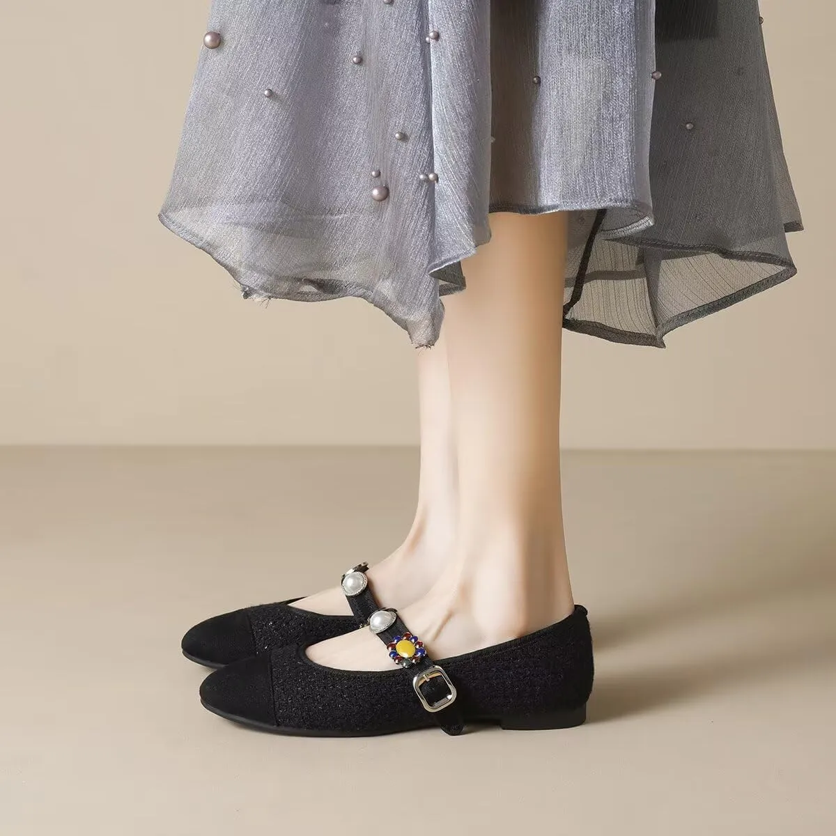 Hee grand Rhinestone Buckle Strap Low Heel Dress Shoes for Women Comfortable Cute Round Toe Mary Jane Shoes