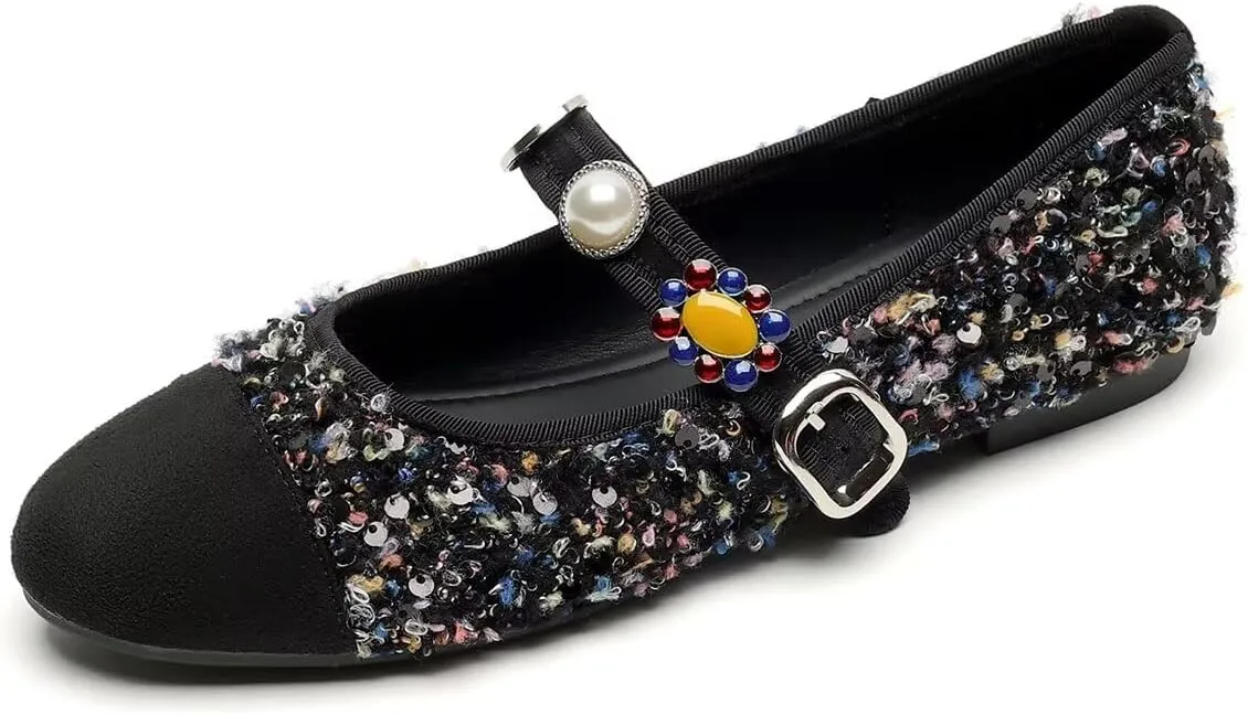 Hee grand Rhinestone Buckle Strap Low Heel Dress Shoes for Women Comfortable Cute Round Toe Mary Jane Shoes