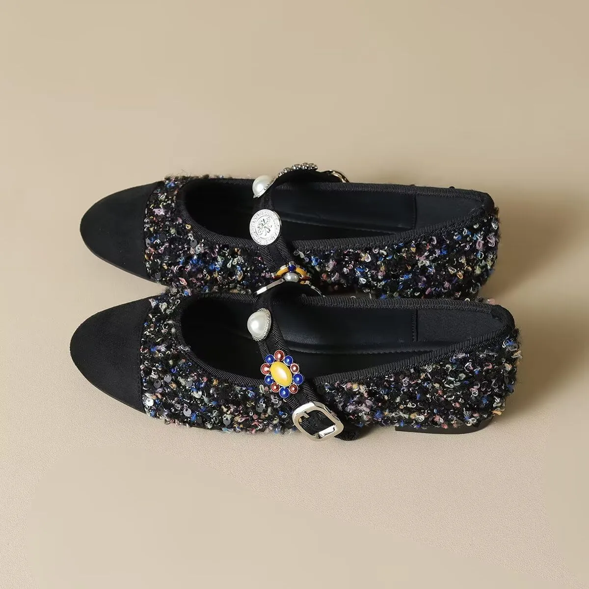 Hee grand Rhinestone Buckle Strap Low Heel Dress Shoes for Women Comfortable Cute Round Toe Mary Jane Shoes