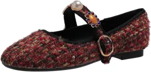 Hee grand Rhinestone Buckle Strap Low Heel Dress Shoes for Women Comfortable Cute Round Toe Mary Jane Shoes