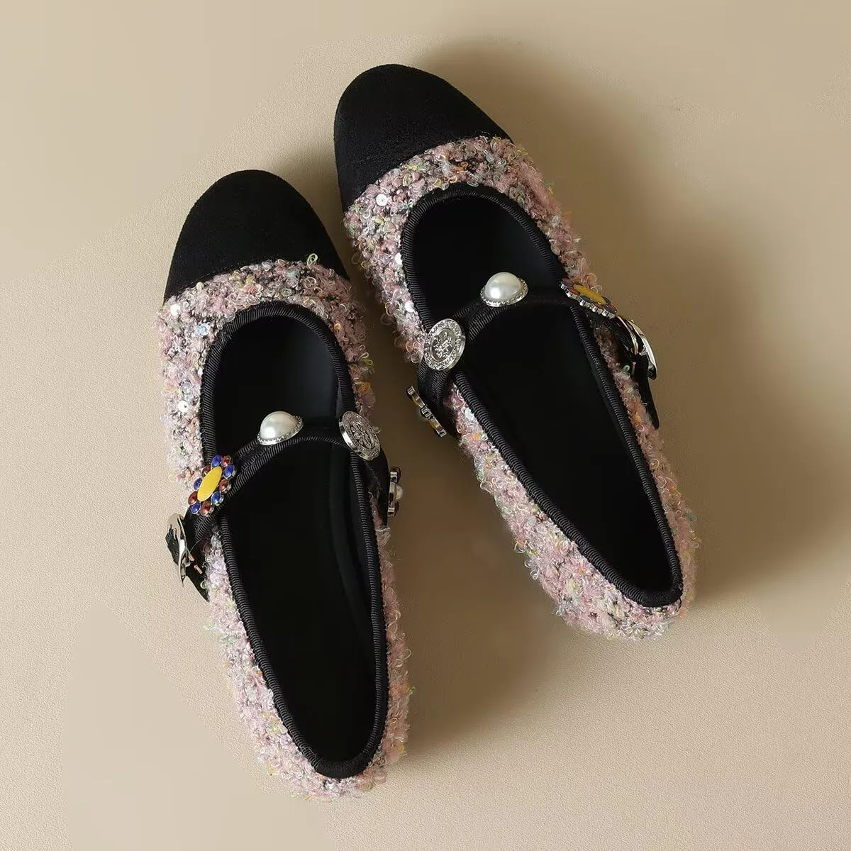 Hee grand Rhinestone Buckle Strap Low Heel Dress Shoes for Women Comfortable Cute Round Toe Mary Jane Shoes