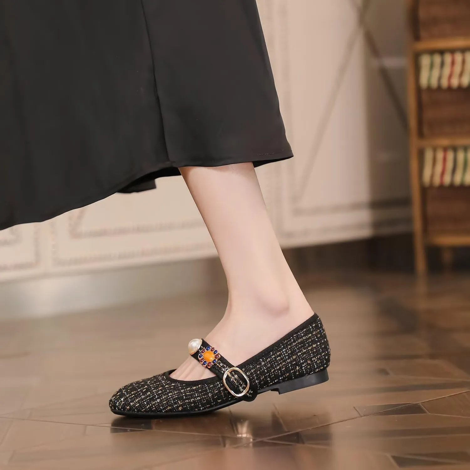 Hee grand Rhinestone Buckle Strap Low Heel Dress Shoes for Women Comfortable Cute Round Toe Mary Jane Shoes