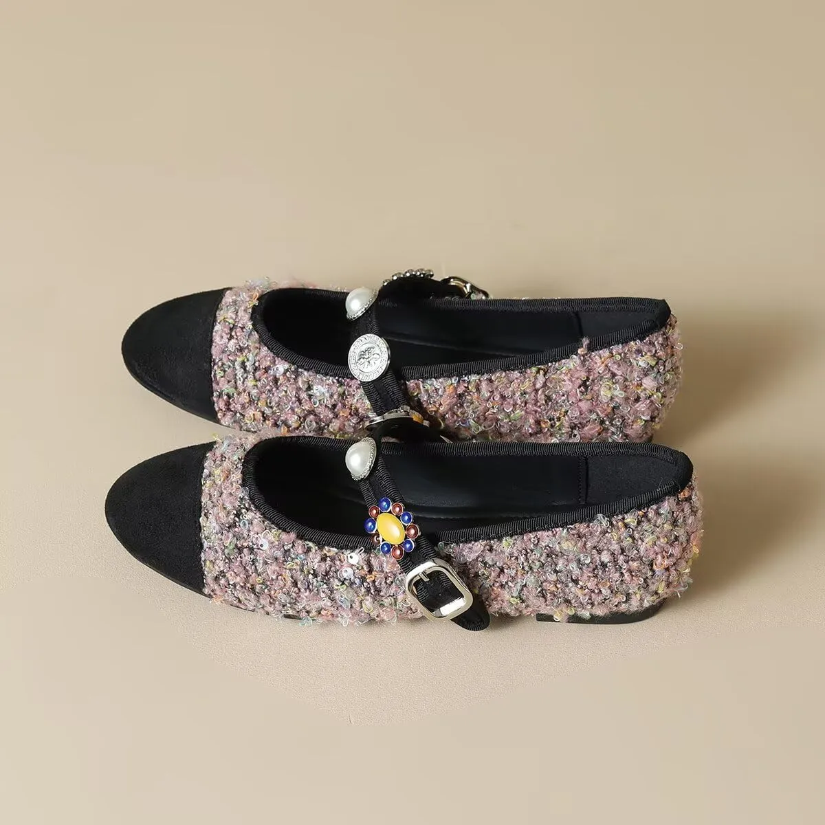 Hee grand Rhinestone Buckle Strap Low Heel Dress Shoes for Women Comfortable Cute Round Toe Mary Jane Shoes