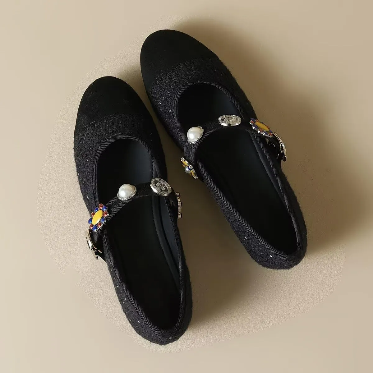 Hee grand Rhinestone Buckle Strap Low Heel Dress Shoes for Women Comfortable Cute Round Toe Mary Jane Shoes